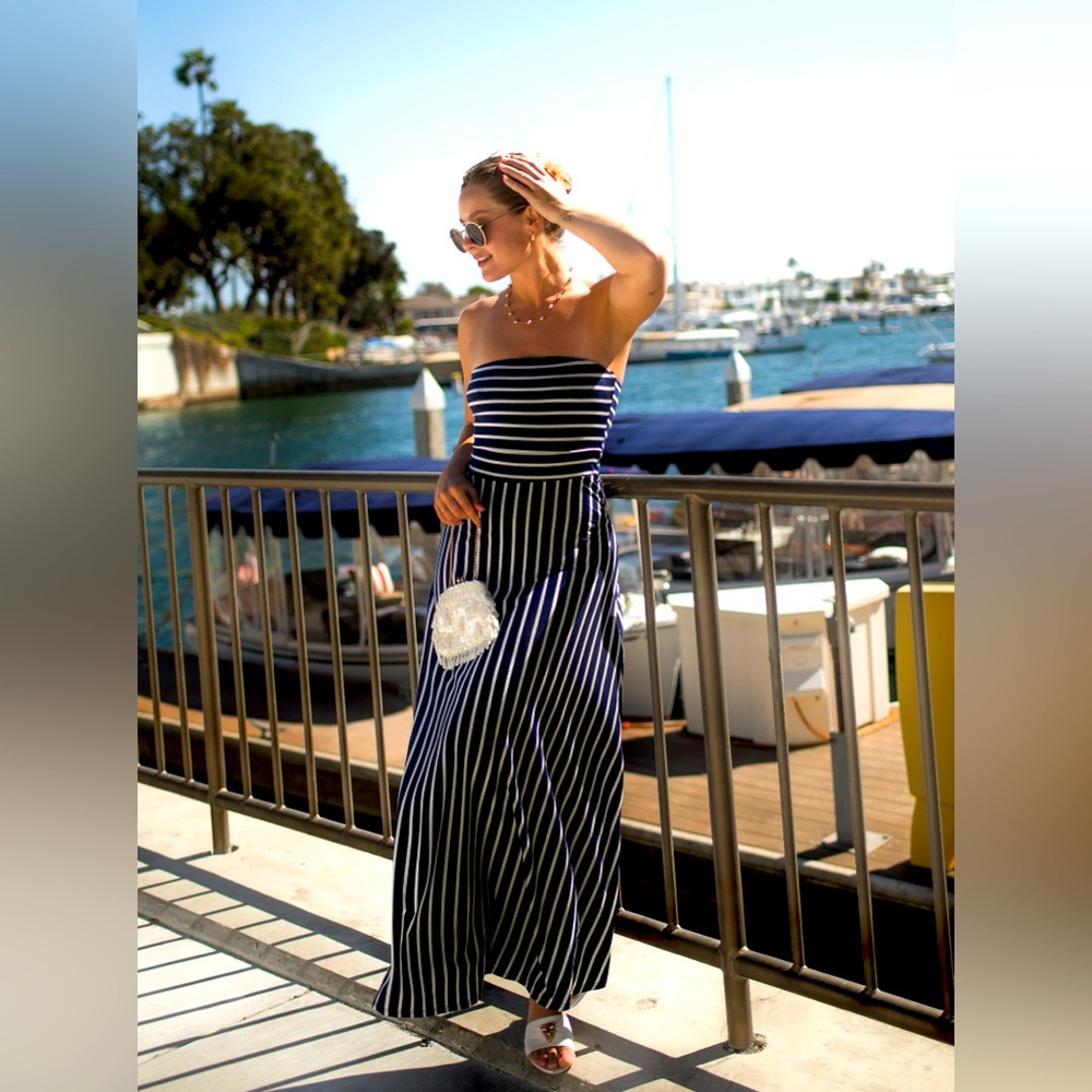 Black and White Striped Strapless Maxi Dress size Small